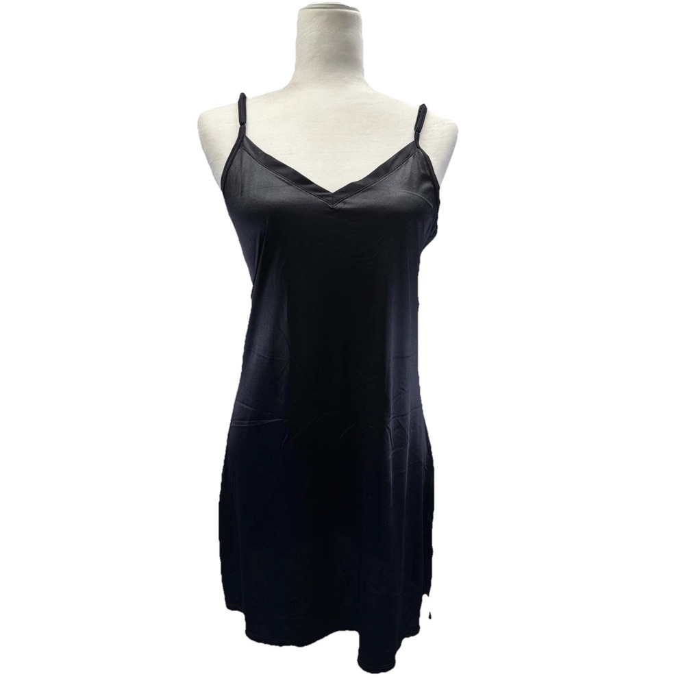 Vanity Fair Black Slip Dress Short Sz Large Nylon Spandex Strappy Gothic Stretch